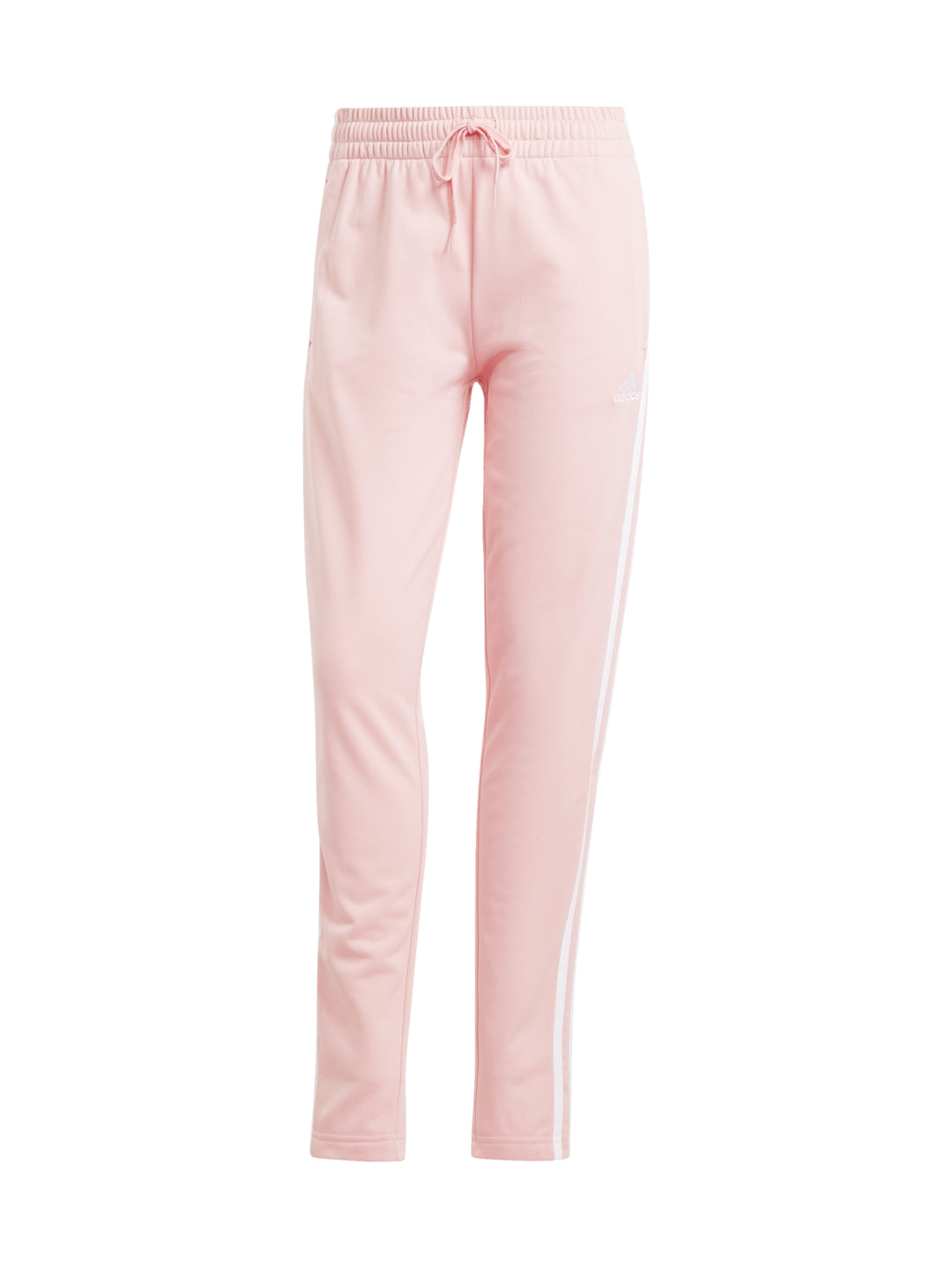 Conjunto deportivo Adidas color rosa claro con tres franjas blancas laterales, incluye chaqueta y pantalón para mujer.