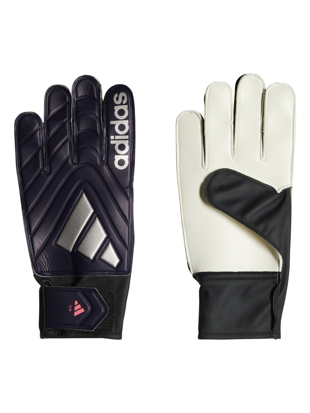 Par de guantes de portero Adidas en colores negro y blanco con detalles plateados.