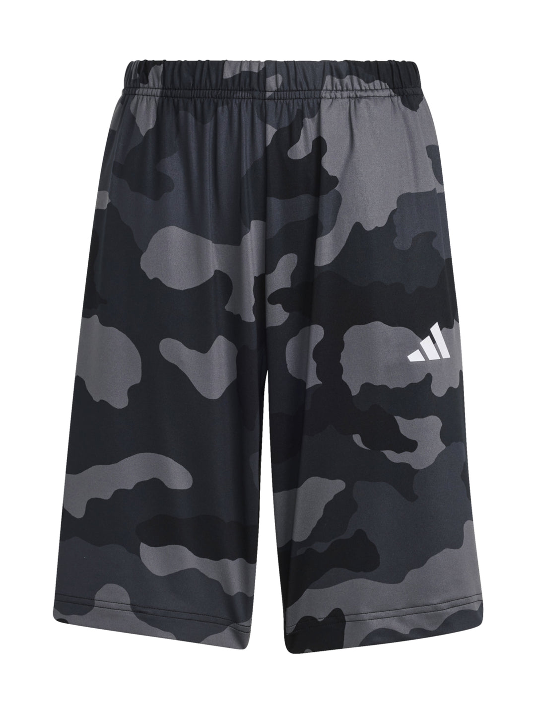 Shorts deportivos Adidas en color negro con estampado de camuflaje gris y logo blanco lateral.