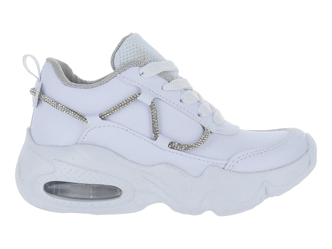 Tenis blancos para Niño o Niña con detalles brillantes en plata y suela gruesa.