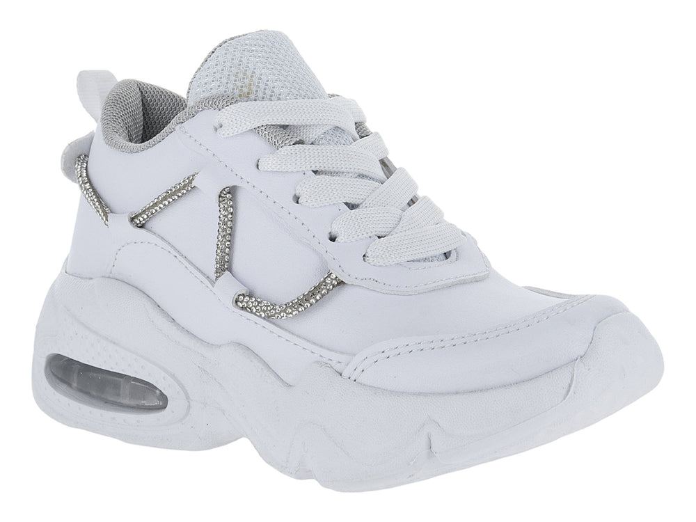 Tenis blancos para Niño o Niña con detalles brillantes en plata y suela gruesa.