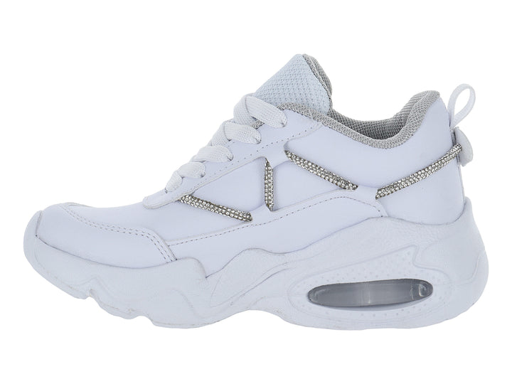Tenis blancos para Niño o Niña con detalles brillantes en plata y suela gruesa.