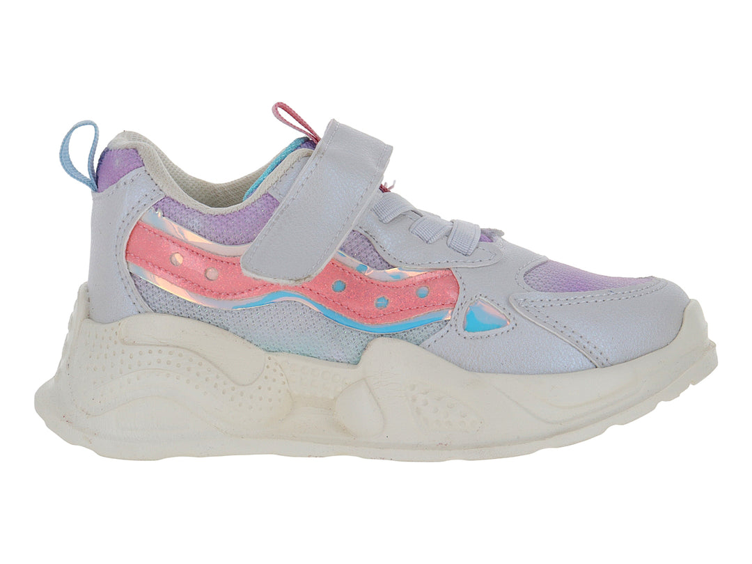 Tenis deportivos para niña color lila y hueso con detalles tornasol y suela chunky.