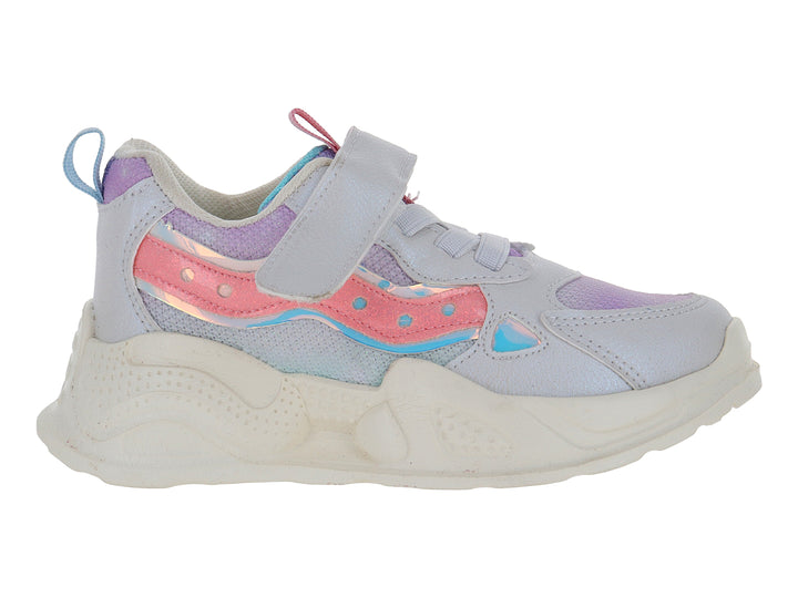 Tenis deportivos para niña color lila y hueso con detalles tornasol y suela chunky.