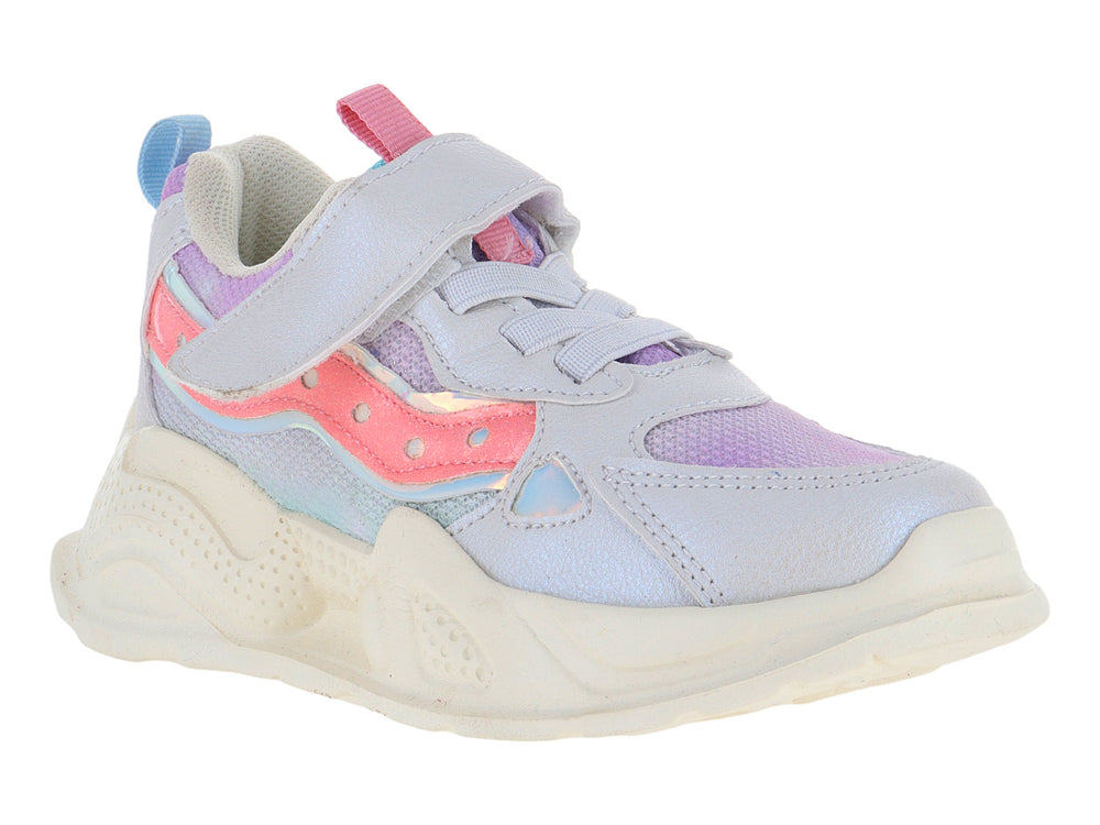 Tenis deportivos para niña color lila y hueso con detalles tornasol y suela chunky.