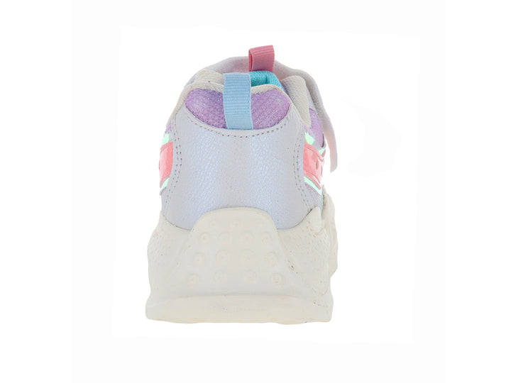 Tenis deportivos para niña color lila y hueso con detalles tornasol y suela chunky.