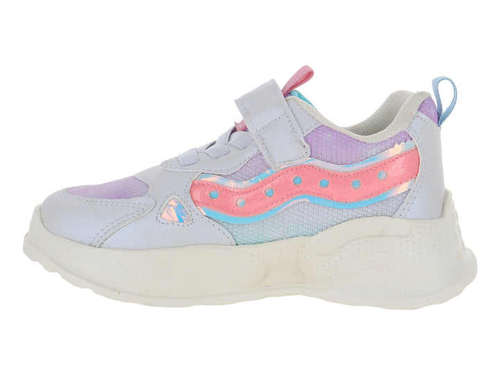 Tenis deportivos para niña color lila y hueso con detalles tornasol y suela chunky.