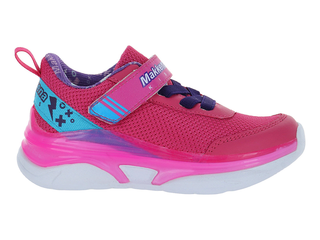 Tenis deportivos para niña en color fucsia y lila con cierre de velcro y suela blanca.