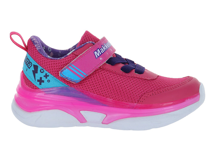 Tenis deportivos para niña en color fucsia y lila con cierre de velcro y suela blanca.