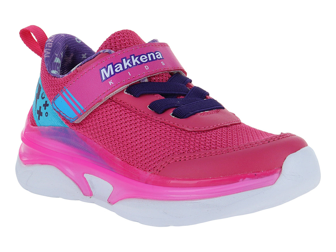Tenis deportivos para niña en color fucsia y lila con cierre de velcro y suela blanca.