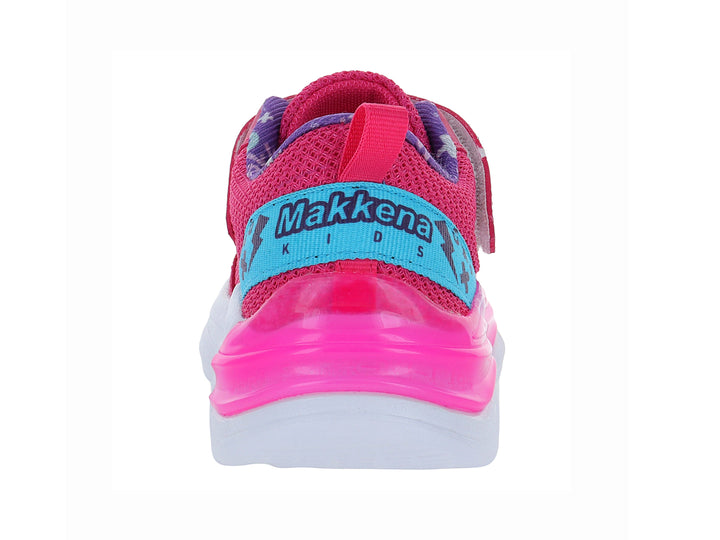 Tenis deportivos para niña en color fucsia y lila con cierre de velcro y suela blanca.