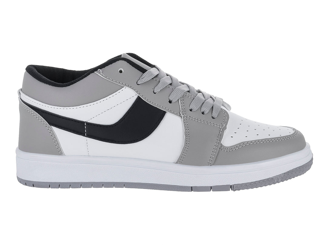 Tenis casuales en colores blanco y gris con detalles en negro y suela blanca.