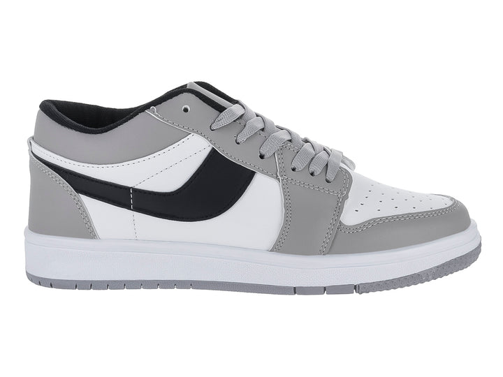 Tenis casuales en colores blanco y gris con detalles en negro y suela blanca.