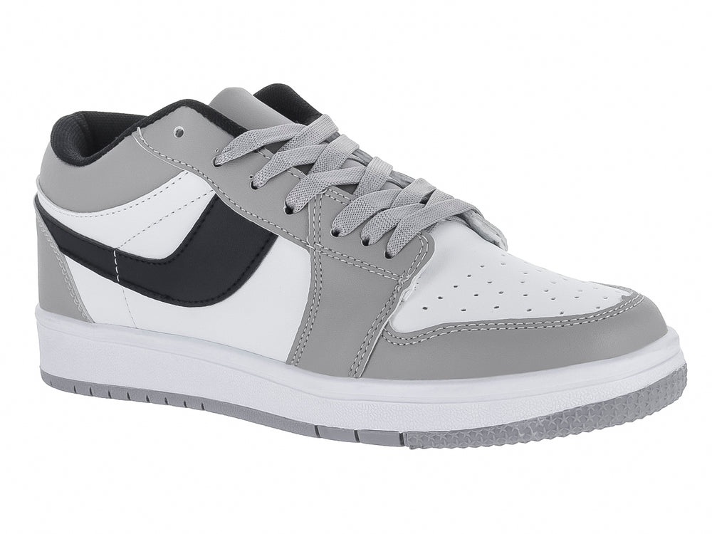 Tenis casuales en colores blanco y gris con detalles en negro y suela blanca.