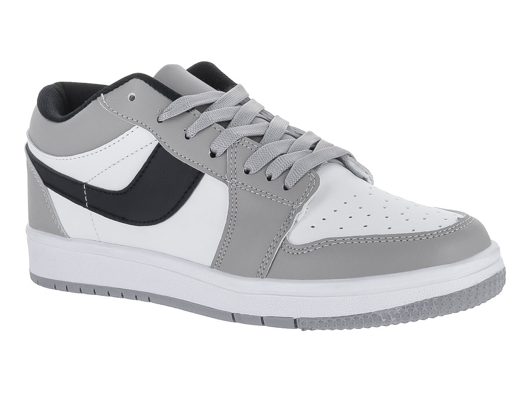 Tenis casuales en colores blanco y gris con detalles en negro y suela blanca.