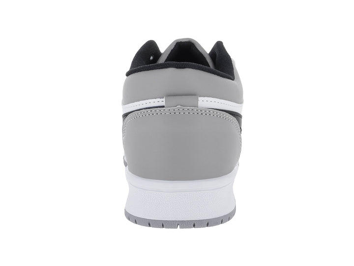 Tenis casuales en colores blanco y gris con detalles en negro y suela blanca.