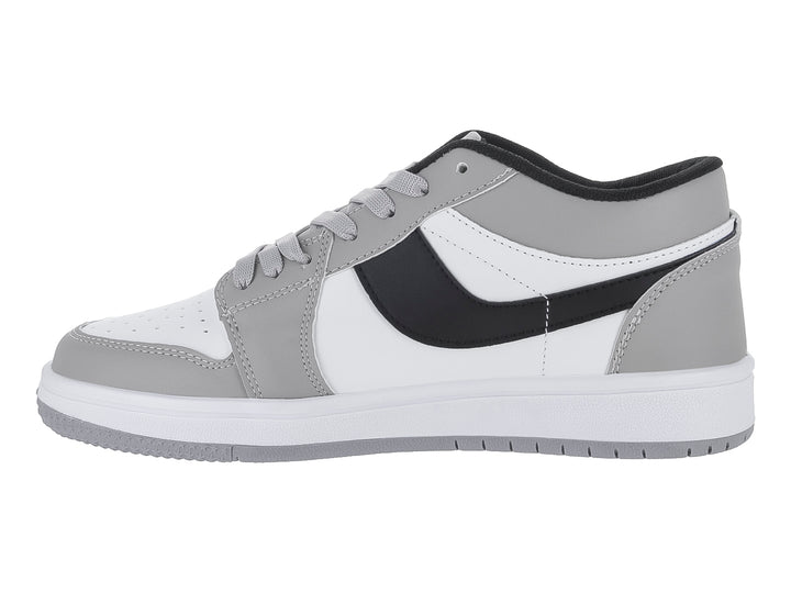 Tenis casuales en colores blanco y gris con detalles en negro y suela blanca.