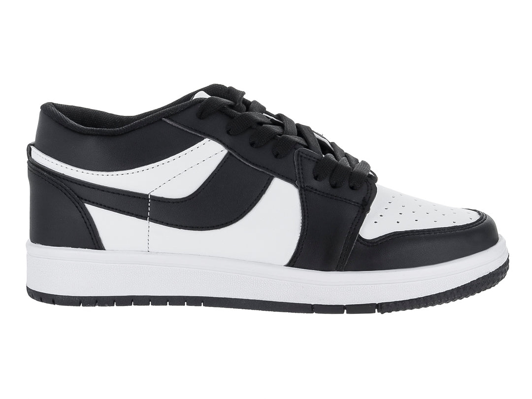 Tenis MAKENA de corte bajo en colores blanco y negro con suela blanca y cordones negros.
