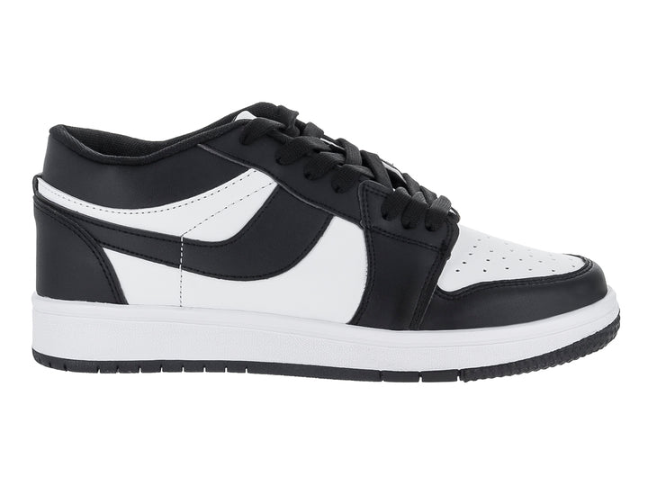 Tenis MAKENA de corte bajo en colores blanco y negro con suela blanca y cordones negros.