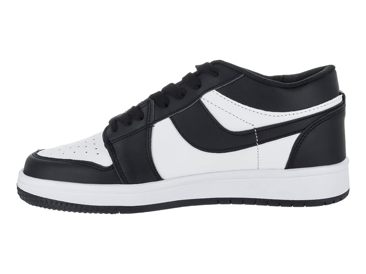 Tenis MAKENA de corte bajo en colores blanco y negro con suela blanca y cordones negros.