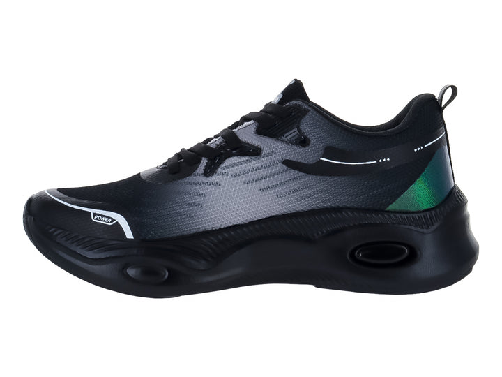 Tenis de baloncesto Makena color negro con detalles en verde y blanco.