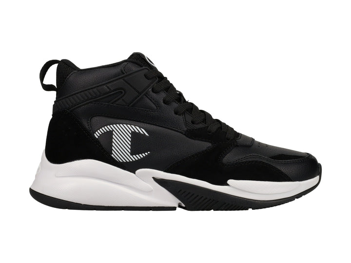 Tenis Champion de corte alto en color negro con suela blanca y logotipo lateral blanco.