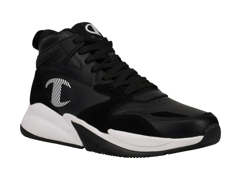 Tenis Champion de corte alto en color negro con suela blanca y logotipo lateral blanco.