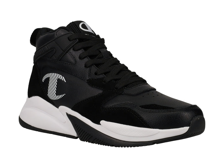 Tenis Champion de corte alto en color negro con suela blanca y logotipo lateral blanco.