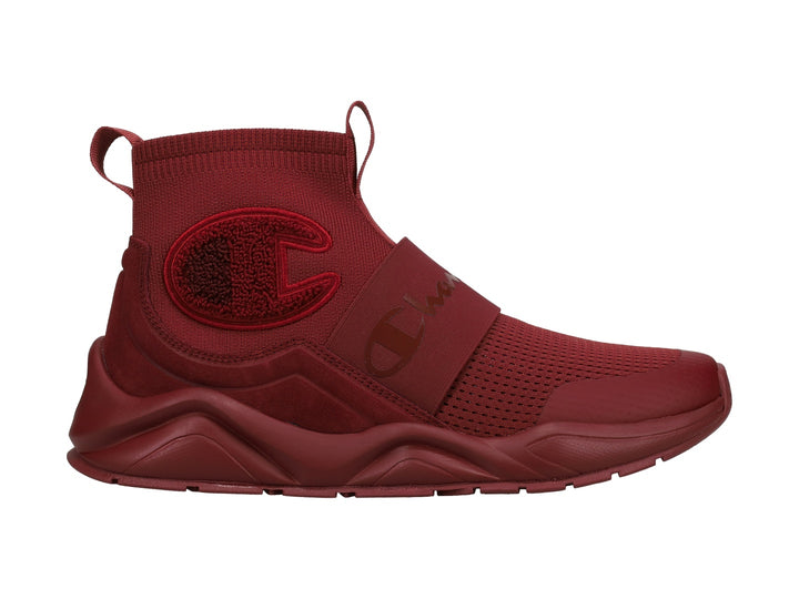 Tenis Champion modelo Flood Rally Pro en color burgundy con diseño tipo calcetín y banda elástica frontal.