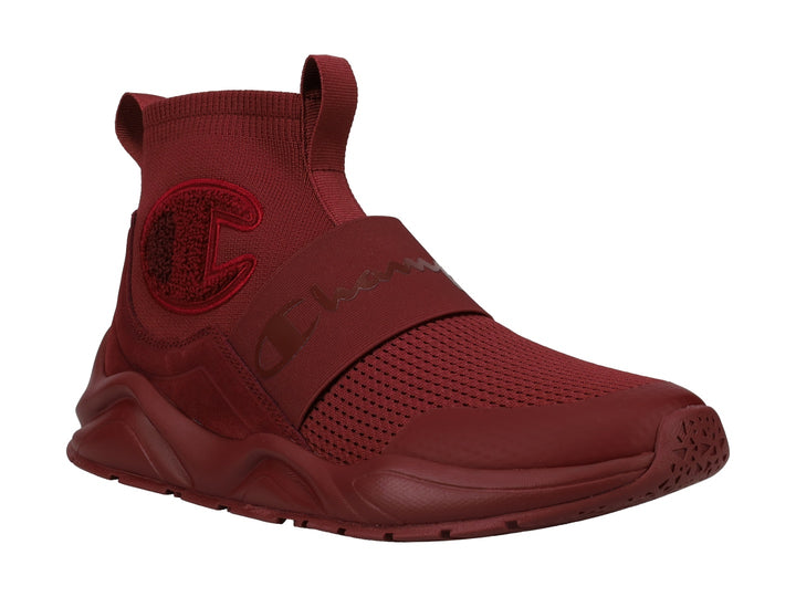 Tenis Champion modelo Flood Rally Pro en color burgundy con diseño tipo calcetín y banda elástica frontal.