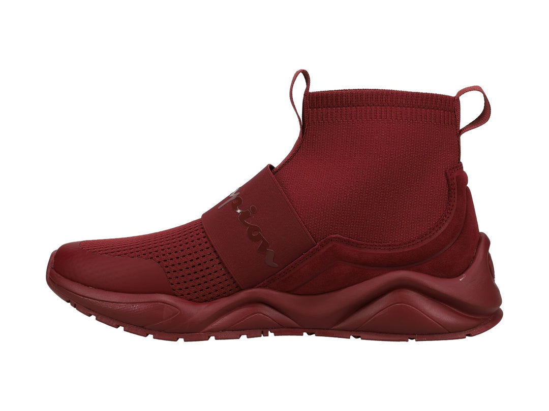 Tenis Champion modelo Flood Rally Pro en color burgundy con diseño tipo calcetín y banda elástica frontal.