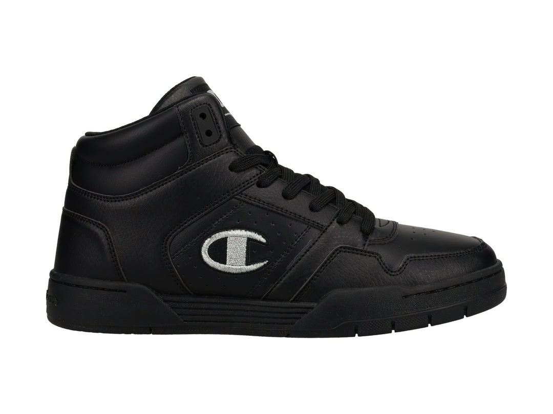 Tenis Champion de bota alta en color negro con logotipo plateado en el costado.