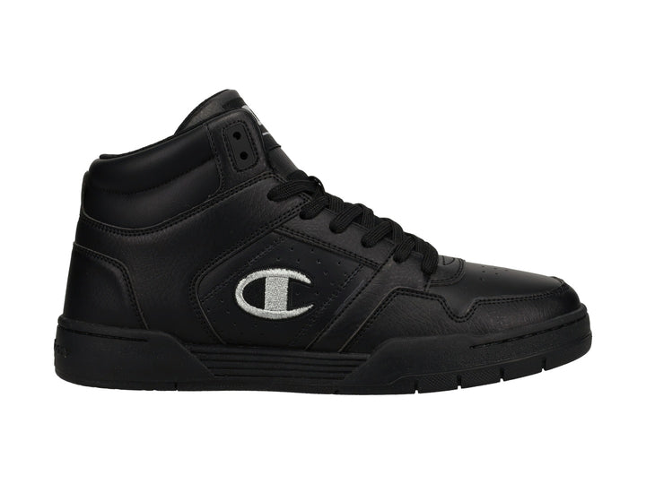 Tenis Champion de bota alta en color negro con logotipo plateado en el costado.