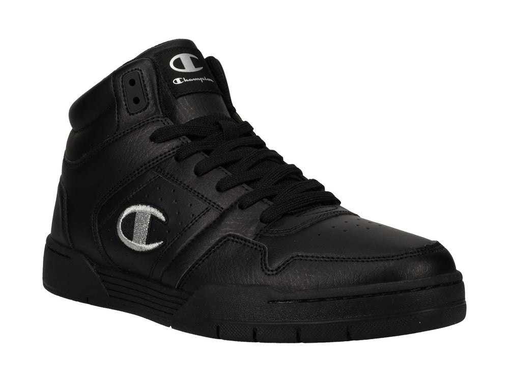 Tenis Champion de bota alta en color negro con logotipo plateado en el costado.
