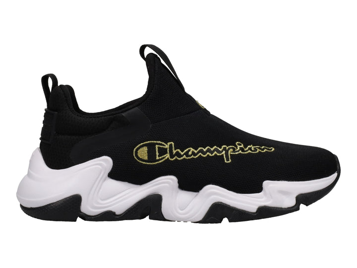 Tenis deportivos Champion color negro con suela blanca gruesa y logotipo dorado lateral.