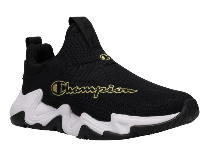 Tenis deportivos Champion color negro con suela blanca gruesa y logotipo dorado lateral.