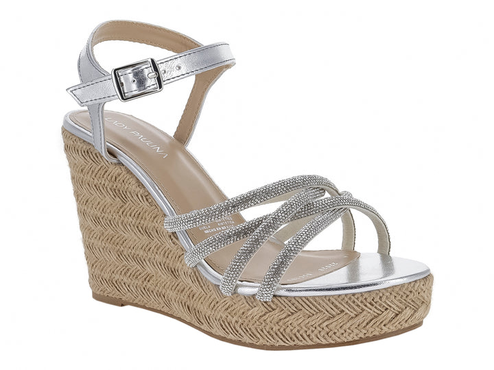 Sandalia de plataforma cuña color plata con tiras brillantes y tobillera con hebilla para mujer.