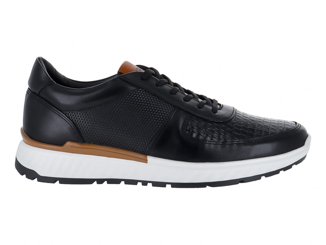 Tenis casuales color negro con suela blanca y detalle en color canela de la marca Gino Cherruti.