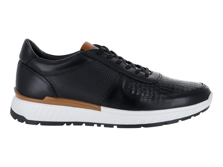 Tenis casuales color negro con suela blanca y detalle en color canela de la marca Gino Cherruti.