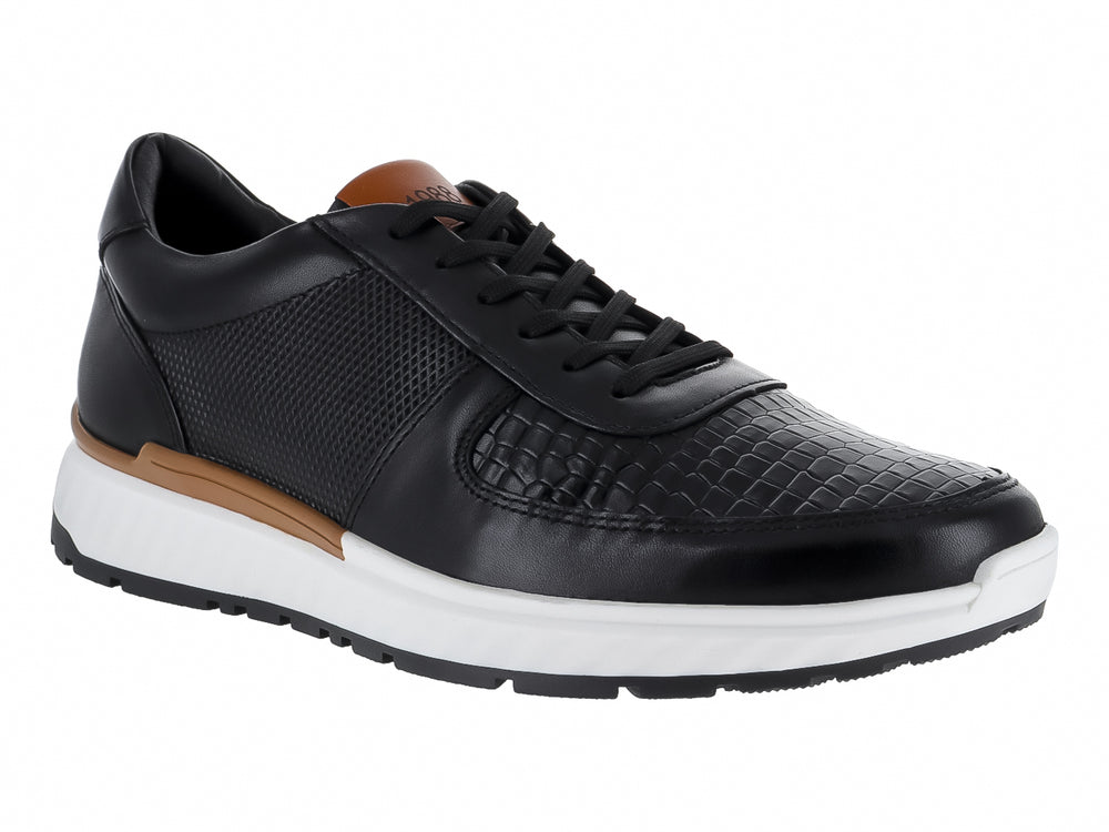 Tenis casuales color negro con suela blanca y detalle en color canela de la marca Gino Cherruti.