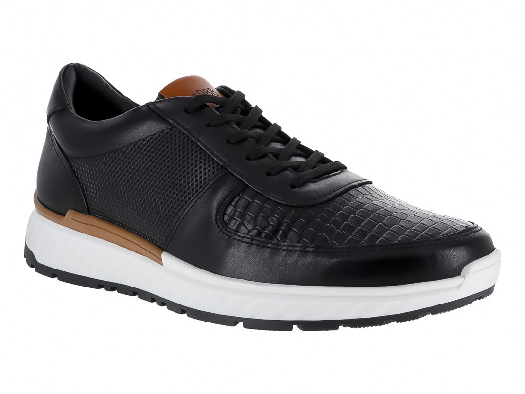 Tenis casuales color negro con suela blanca y detalle en color canela de la marca Gino Cherruti.