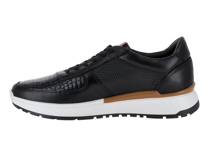 Tenis casuales color negro con suela blanca y detalle en color canela de la marca Gino Cherruti.