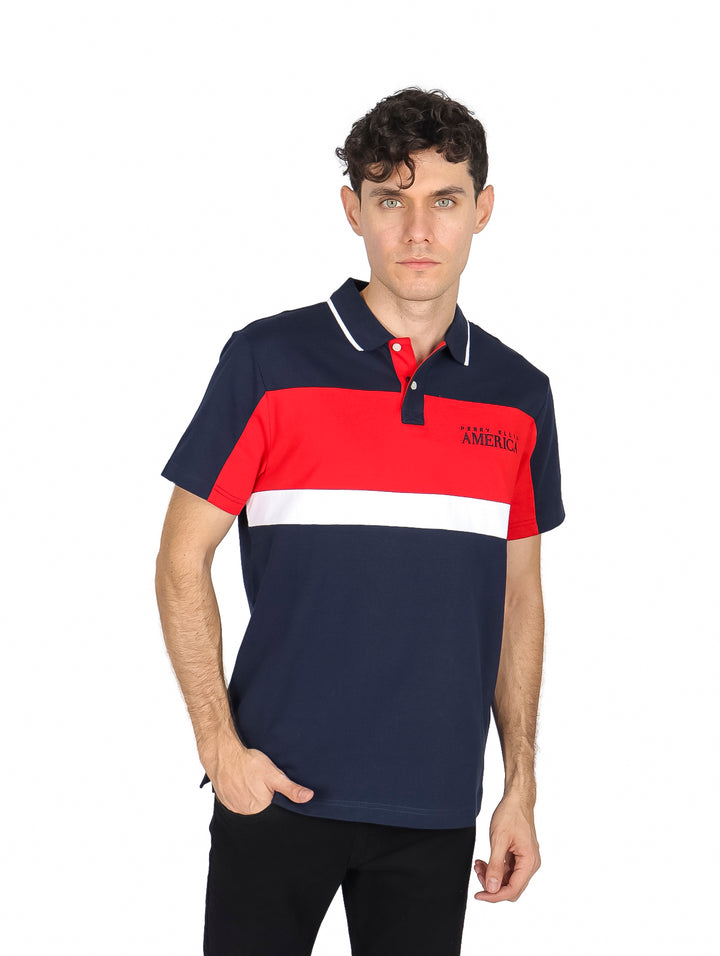 Playera Polo Perry Ellis Bloques de Color Azul para Hombre