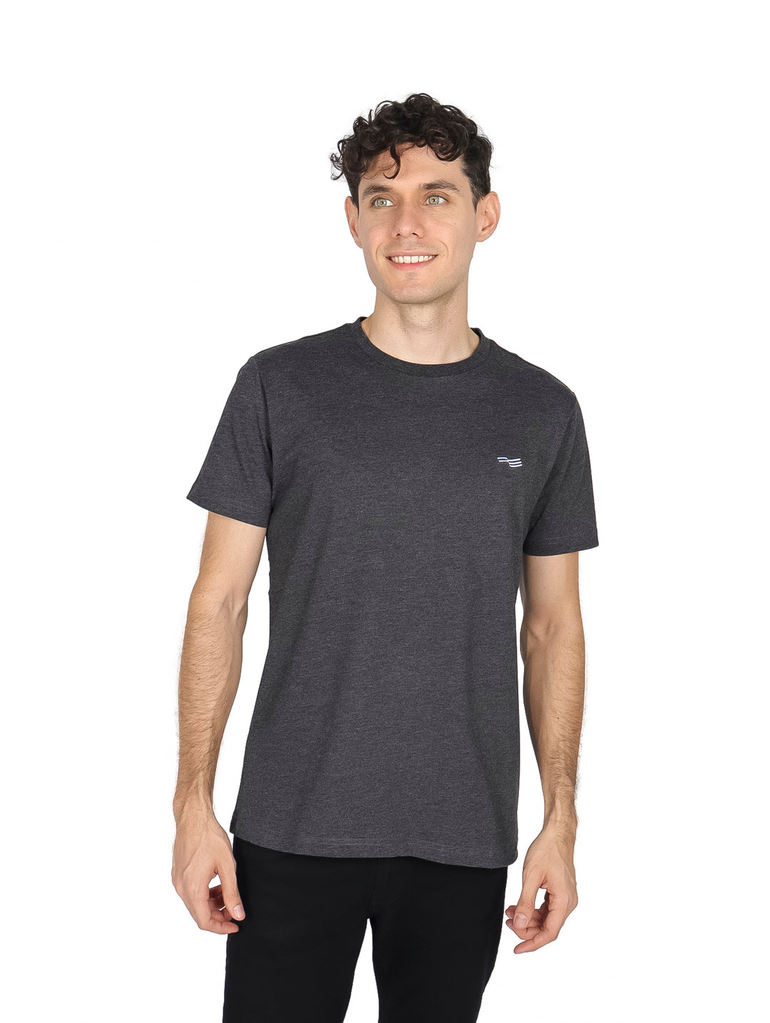 Hombre vistiendo una playera de color gris oscuro con cuello redondo y manga corta.