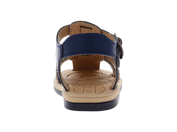 Sandalia azul de microfibra para niño con correas ajustables, hebilla café y suela beige.