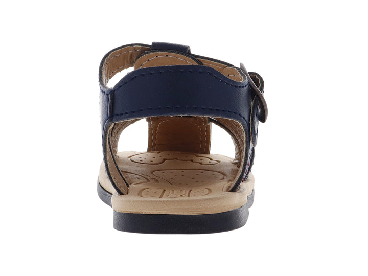 Sandalia azul marino para bebé con correas ajustables, hebilla marrón y suela color beige.