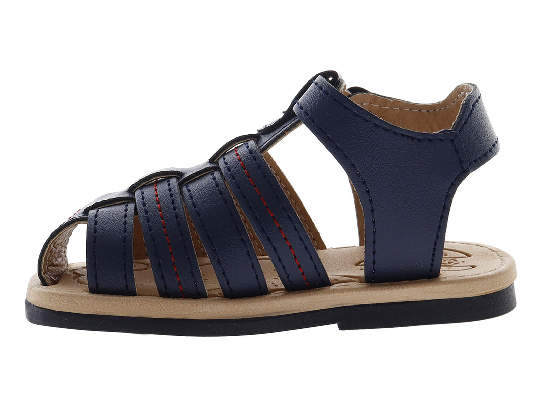 Sandalia azul marino para bebé con correas ajustables, hebilla marrón y suela color beige.