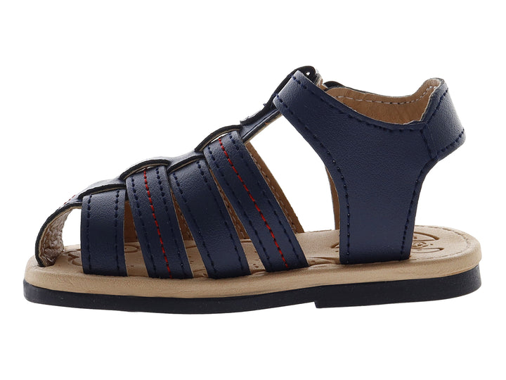 Sandalia azul marino para bebé con correas ajustables, hebilla marrón y suela color beige.