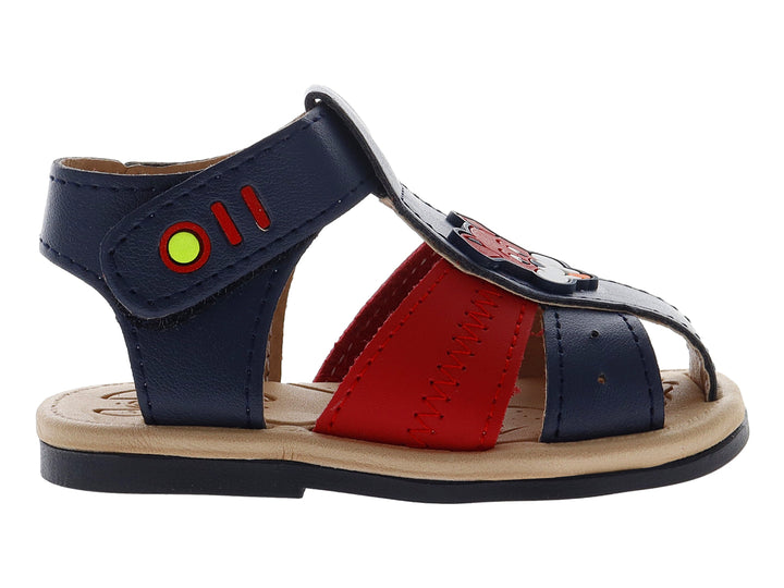 Sandalia infantil de color azul con una banda roja y suela beige, diseño casual con cierre de velcro.