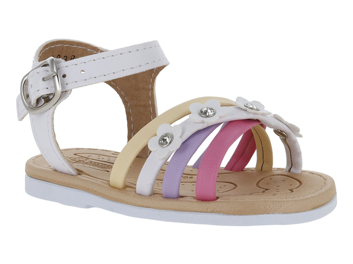 Sandalia infantil blanca con tiras en colores pastel y adornos de flores pequeñas.